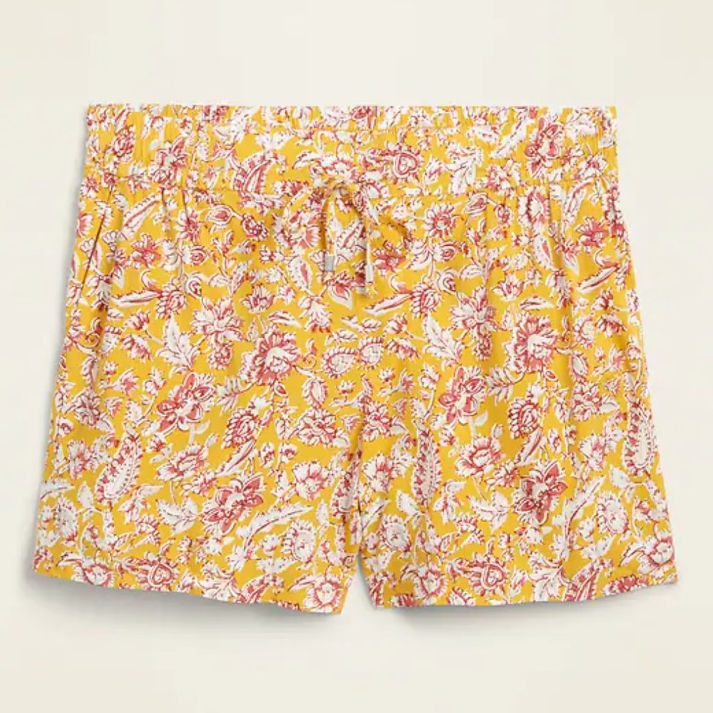 Yellow Floral Mid-Rise Soft Woven Pull On Shorts - 4 inch Size S